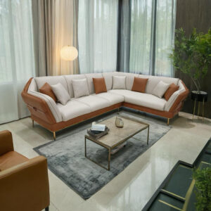 Luxury L Shape dual tone leatherette sofa at McStudio furniture showroom in Kirti Nagar Delhi